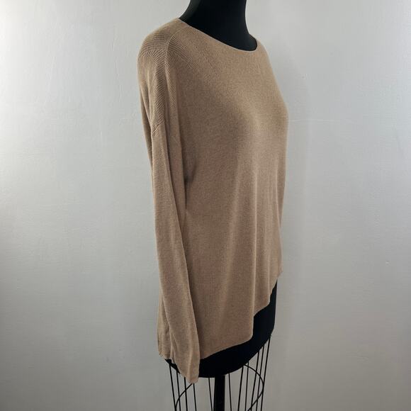EILEEN FISHER Tan Camel Merino Wool Wide Neck Asymmetrical Pullover Sweater PS - Picture 3 of 9